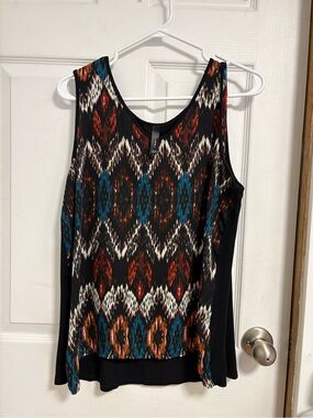 Sleeveless Patterned Tank Top - Black with Teal & Rust